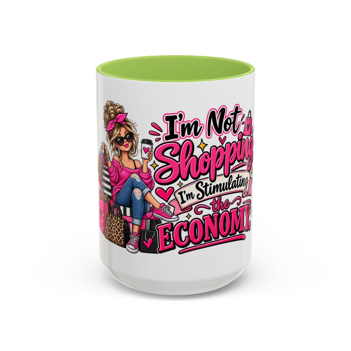 "I'm Not Shopping, I'm Stimulating the Economy" Mug (11oz, 15oz) — Light Green, 15oz | The ClawMark Store