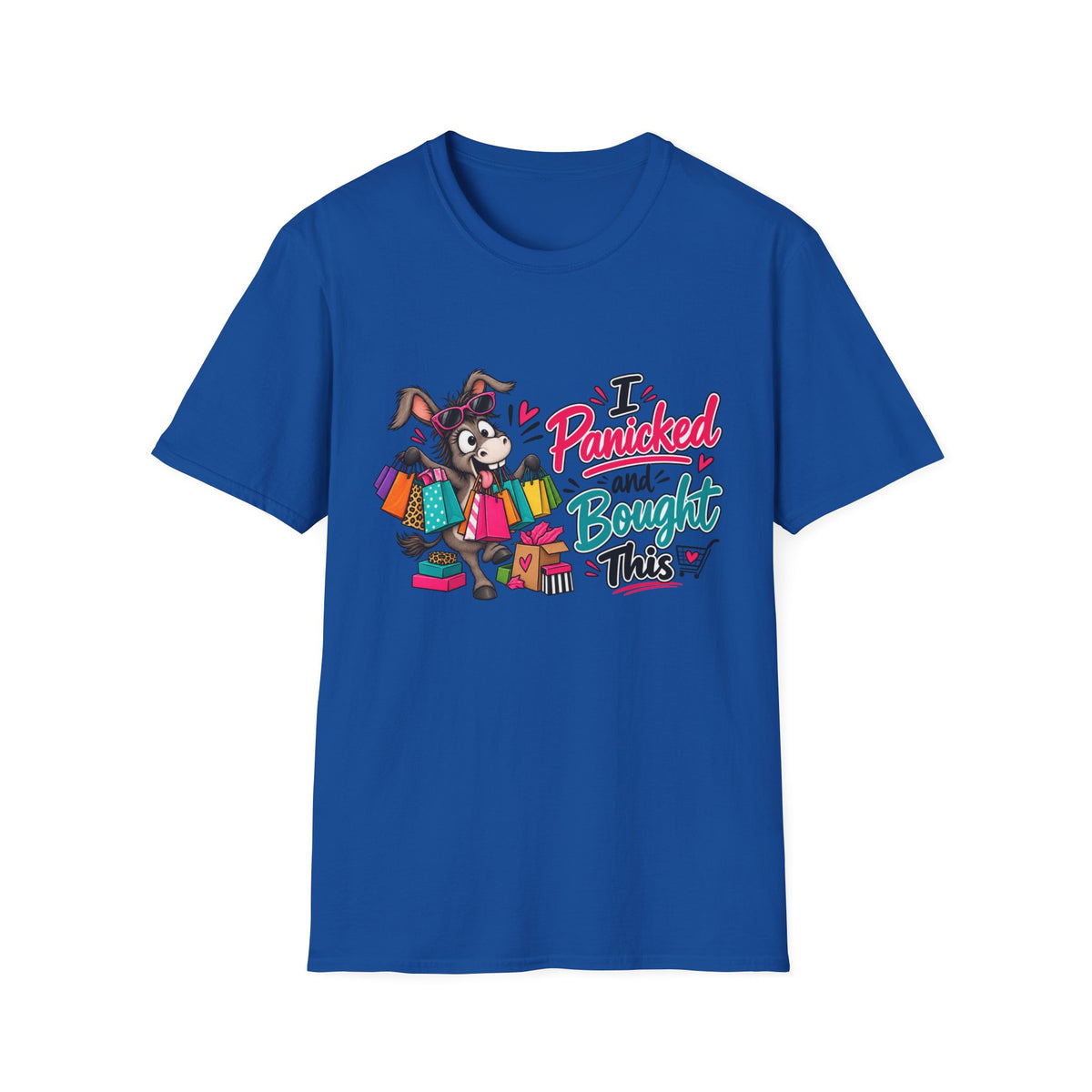 I Panicked and Bought This T-Shirt — Funny Shopping Donkey Graphic Tee — product photo 1 | The ClawMark Store