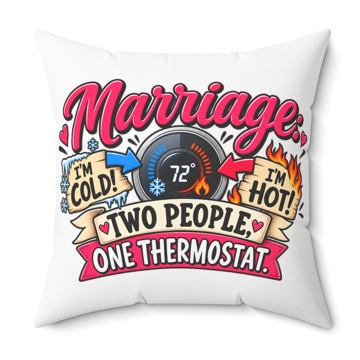 Marriage Pillow — "Two People, One Thermostat" Decorative Throw Pillow — 28" × 28" | The ClawMark Store