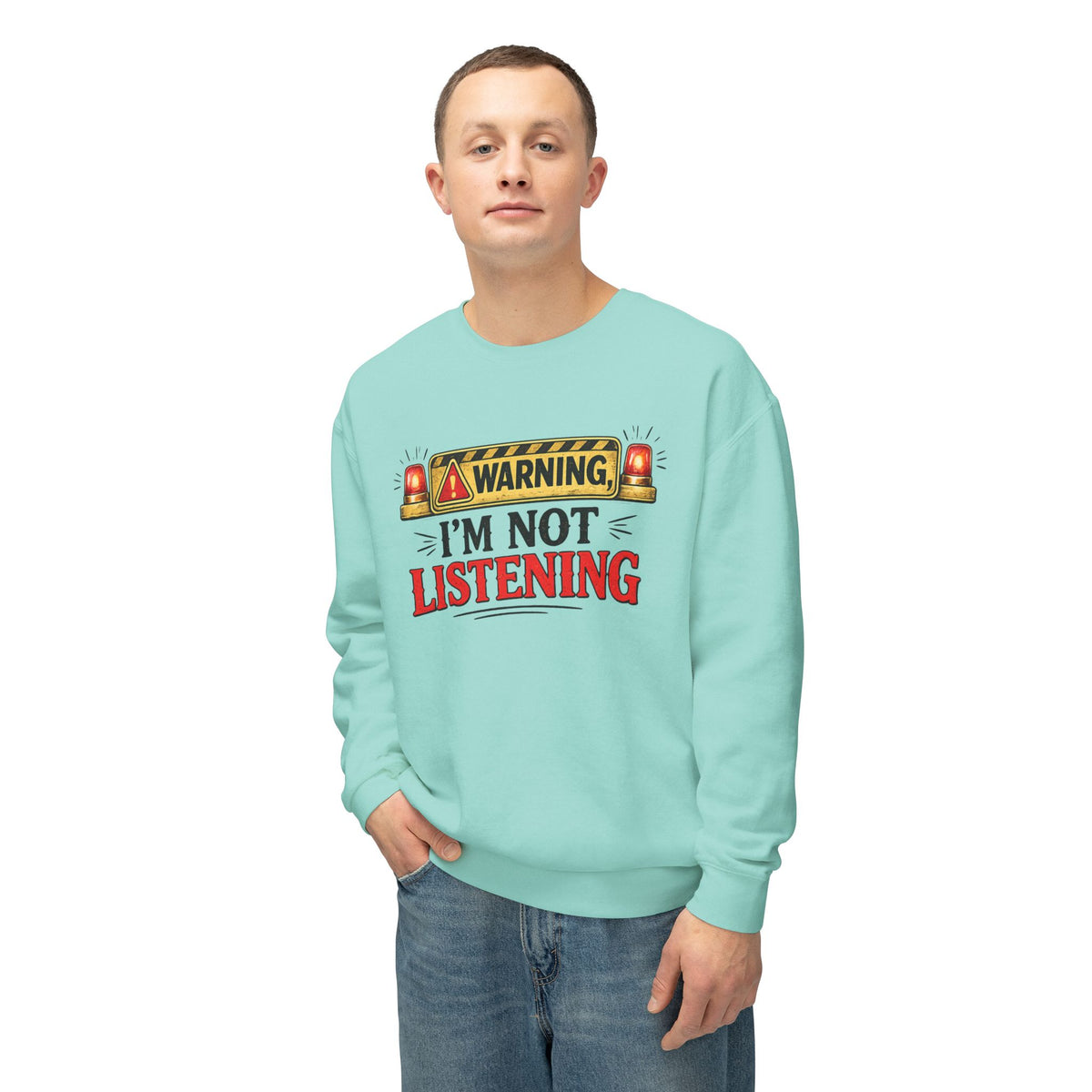 Warning I'm Not Listening Crewneck Sweatshirt — Chalky Mint, S | The ClawMark Store