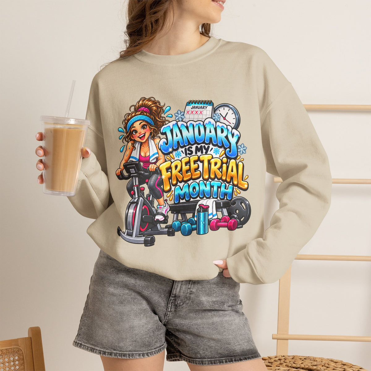 January Is My Free Trial Month Sweatshirt - Cute Spinning Bike Fitness Crewneck