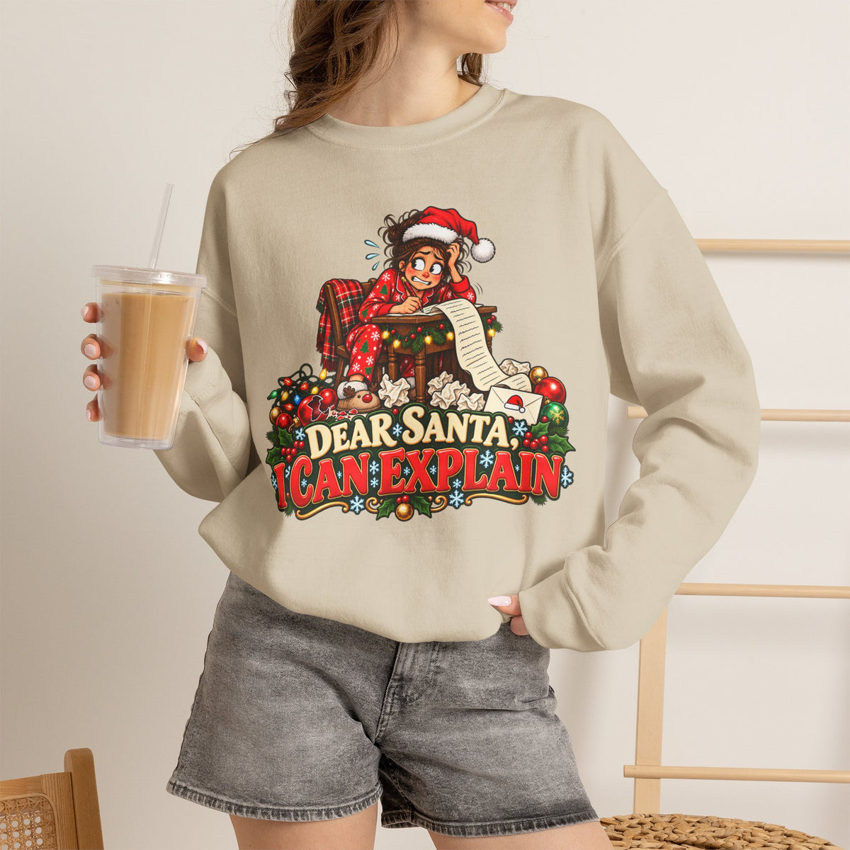 Holiday Sweatshirt - "Dear Santa, I Can Explain" Plaid Elf Christmas Crewneck - Woman