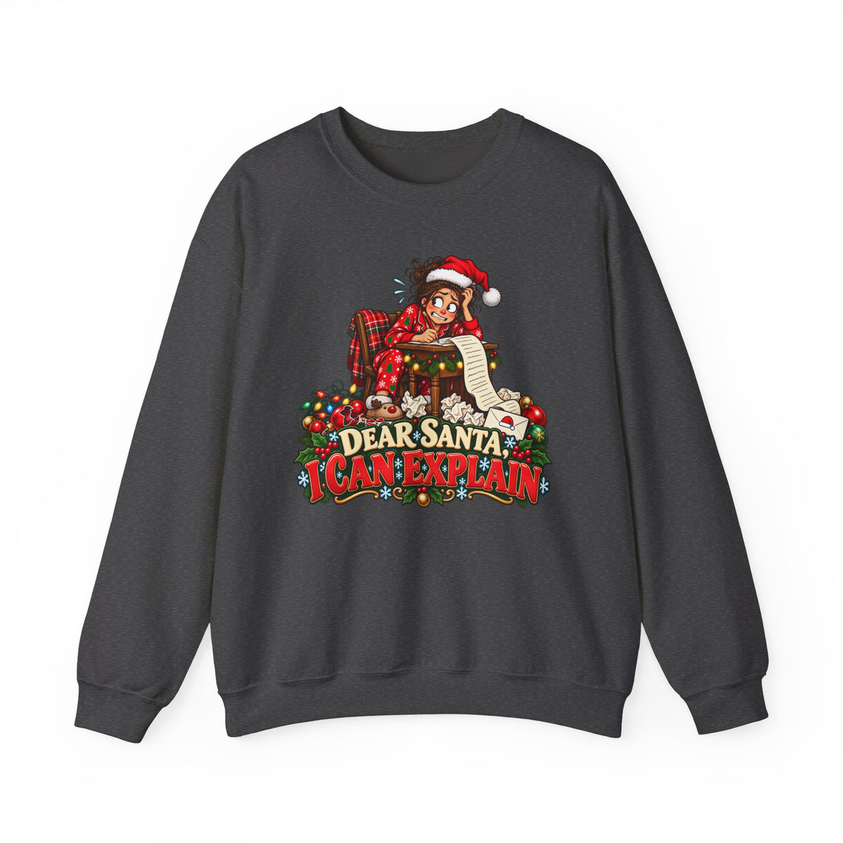 Holiday Sweatshirt - "Dear Santa, I Can Explain" Plaid Elf Christmas Crewneck - Woman