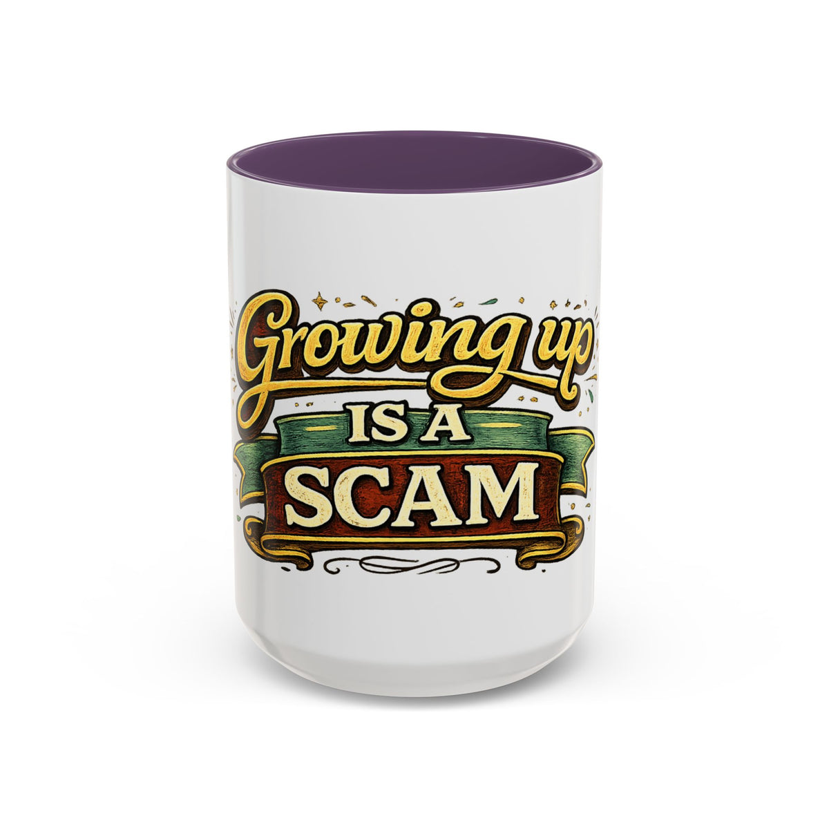 "Growing Up Is A Scam" Vintage-Style Coffee Mug — 15oz, Purple | The ClawMark Store