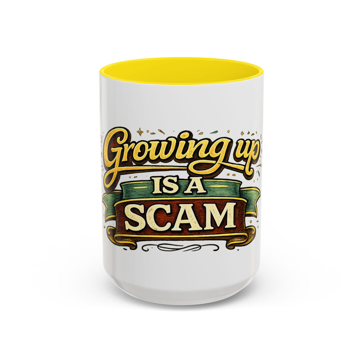 "Growing Up Is A Scam" Vintage-Style Coffee Mug — 15oz, Yellow | The ClawMark Store