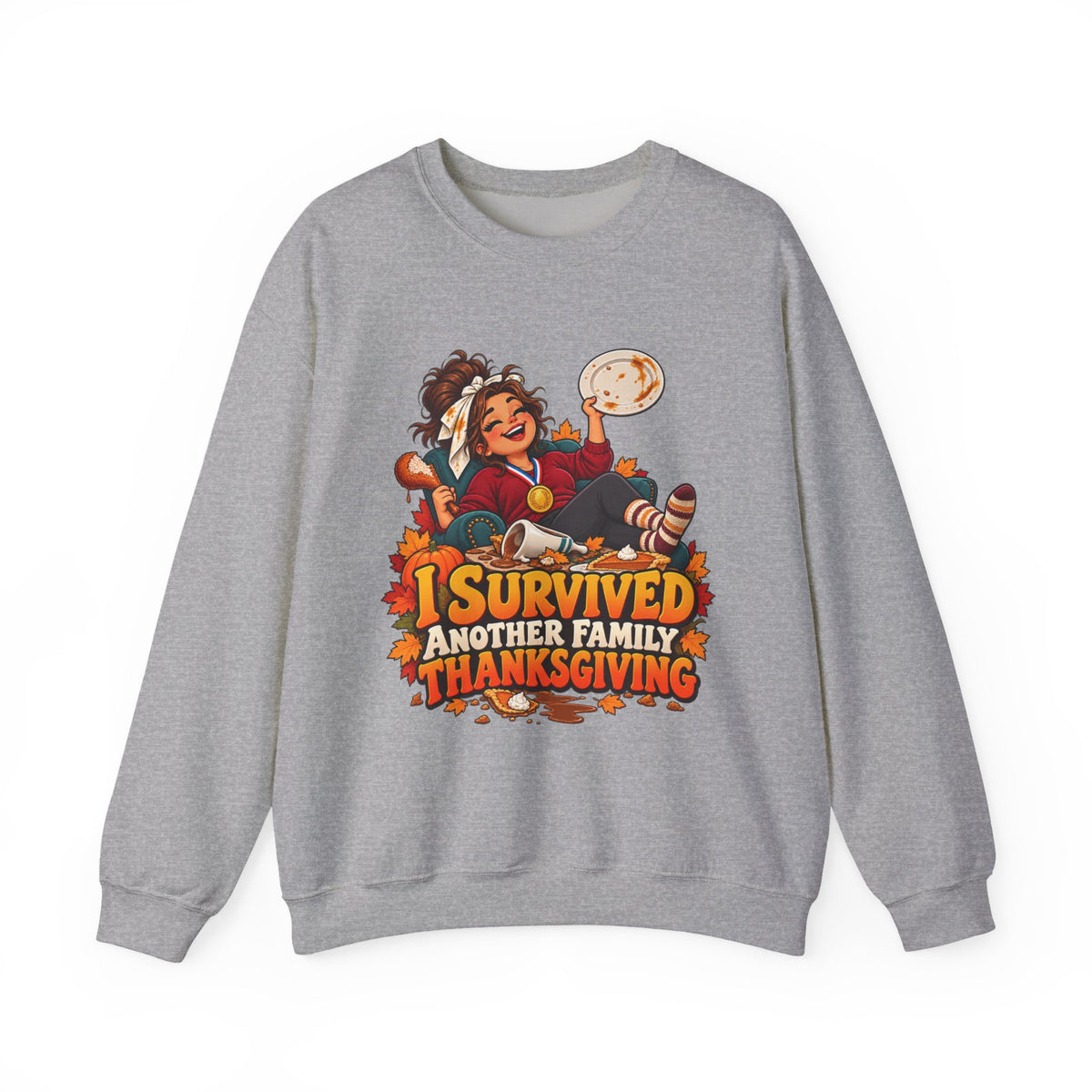 Thanksgiving Sweatshirt — "I Survived Another Family Thanksgiving" Cozy Crewneck