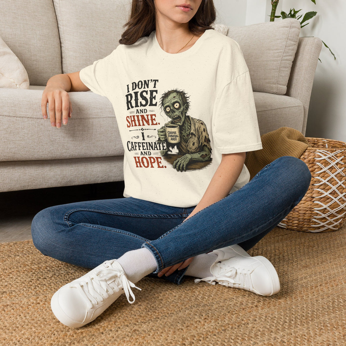 "I Don't Rise and Shine, I Caffeinate and Hope" Zombie T-Shirt — product photo 4 | The ClawMark Store