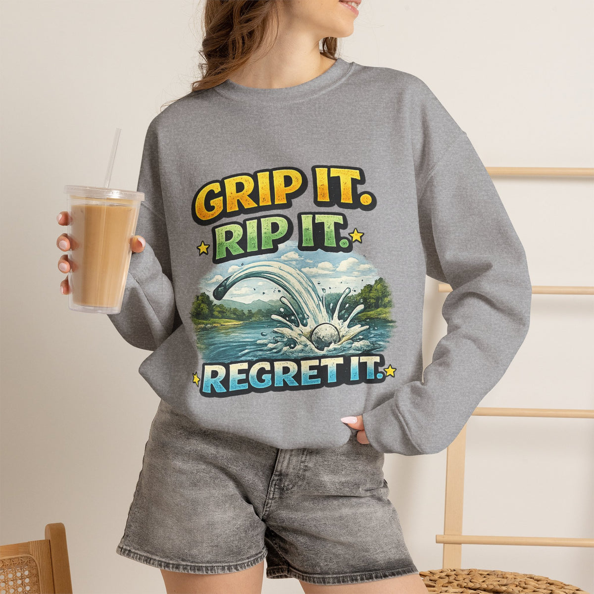 "Grip It, Rip It, Regret It" Fishing Sweatshirt — product photo 3 | The ClawMark Store