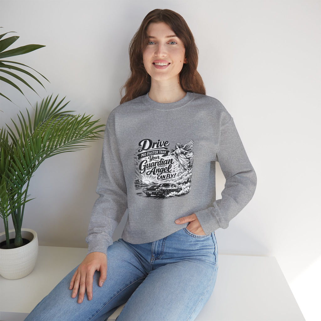 'Drive No Faster Than Your Guardian Angel Can Fly' Sweatshirt — product photo 3 | The ClawMark Store