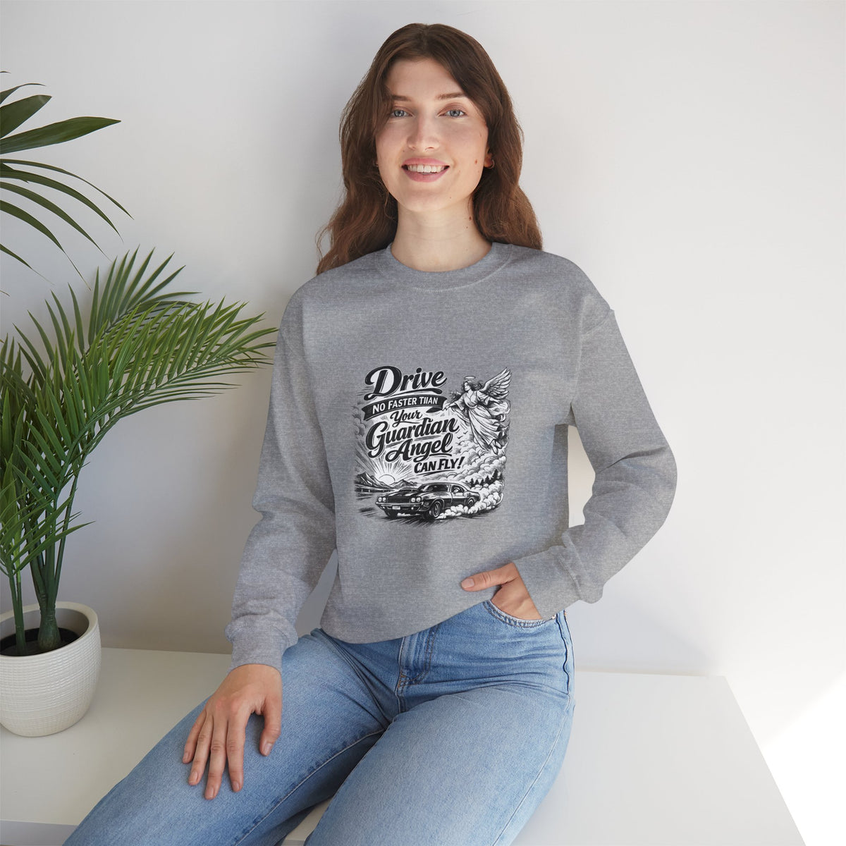'Drive No Faster Than Your Guardian Angel Can Fly' Sweatshirt — product photo 3 | The ClawMark Store