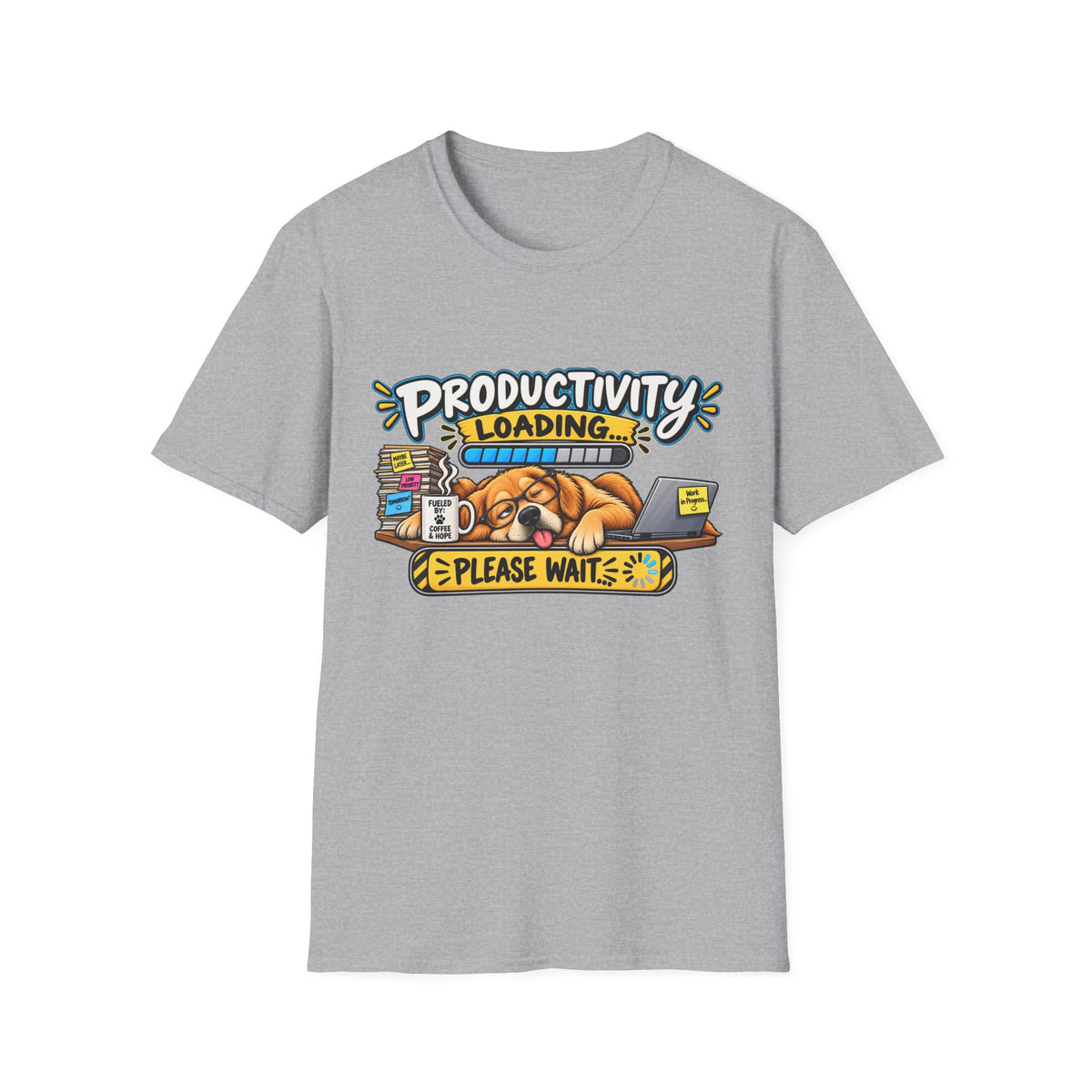 Productivity Loading T-Shirt — Cute Sleepy Dog Graphic Tee — S, Sport Grey | The ClawMark Store