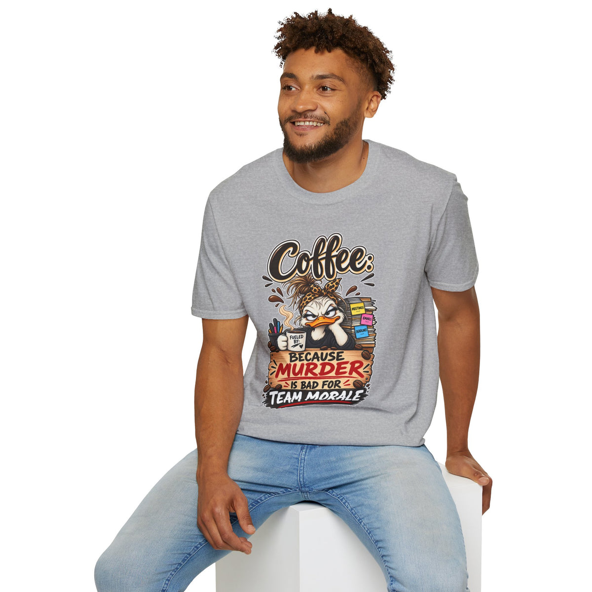 "Coffee: Because Murder Is Bad For Team Morale" T-Shirt — product photo 3 | The ClawMark Store