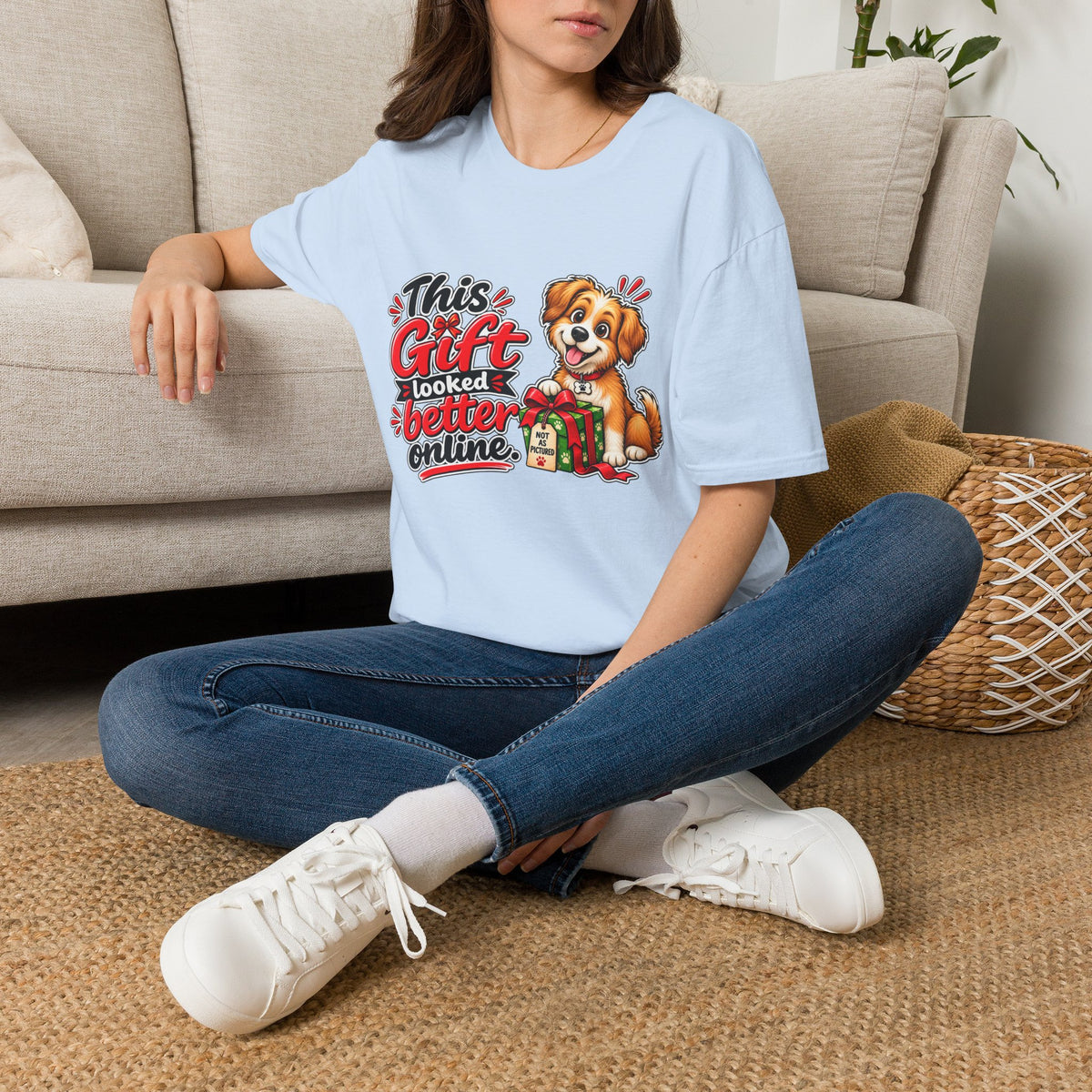 This Gift Looked Better Online — Puppy Holiday T-Shirt — S, Light Blue | The ClawMark Store