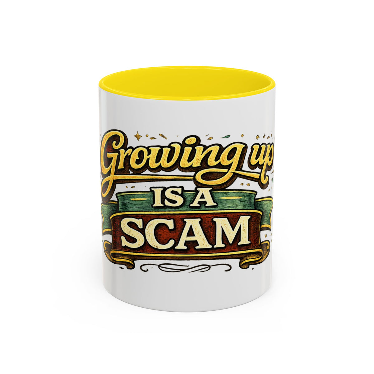 "Growing Up Is A Scam" Vintage-Style Coffee Mug — 11oz, Yellow | The ClawMark Store