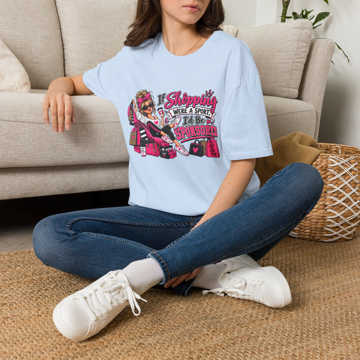 "If Shopping Were a Sport I'd Be Sponsored" T-Shirt — S, Light Blue | The ClawMark Store