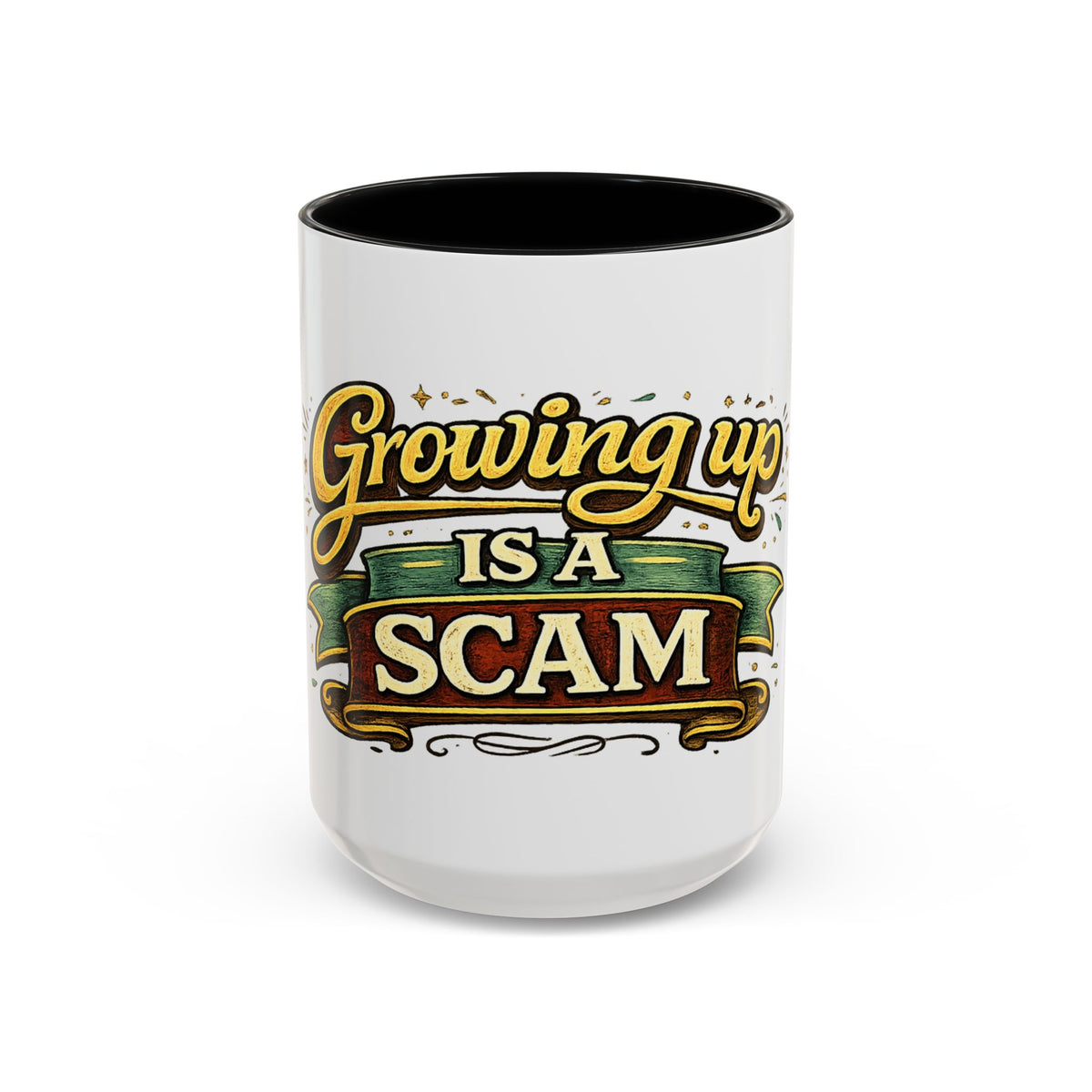 "Growing Up Is A Scam" Vintage-Style Coffee Mug — 15oz, Black | The ClawMark Store