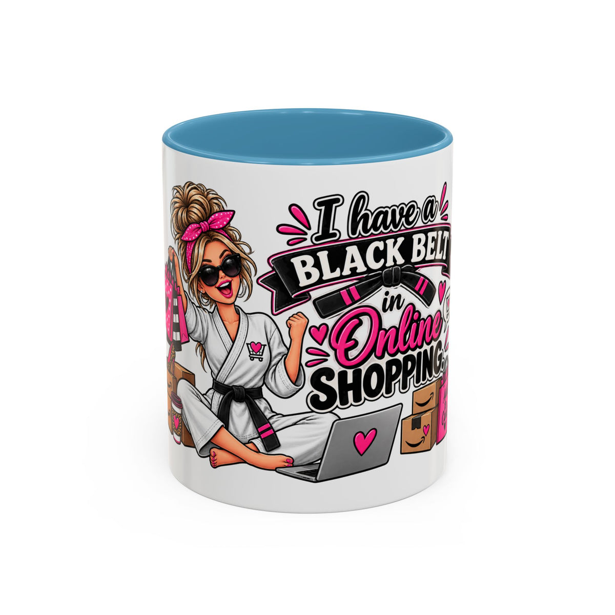 "I Have a Black Belt in Online Shopping" Accent Mug — 11oz, Light Blue | The ClawMark Store