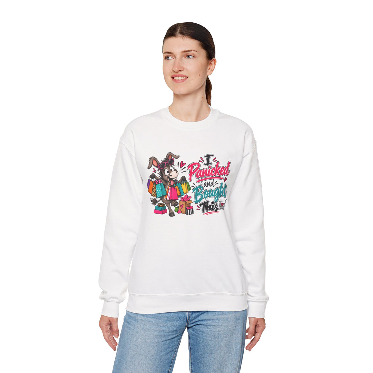 "I Panicked and Bought This" Holiday Sweatshirt — product photo 2 | The ClawMark Store