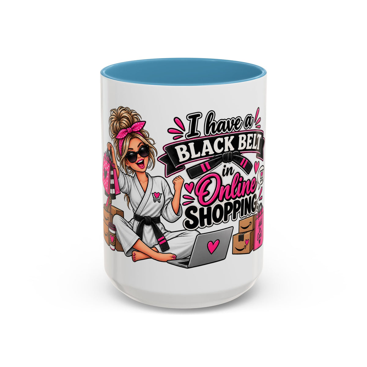"I Have a Black Belt in Online Shopping" Accent Mug — 15oz, Light Blue | The ClawMark Store