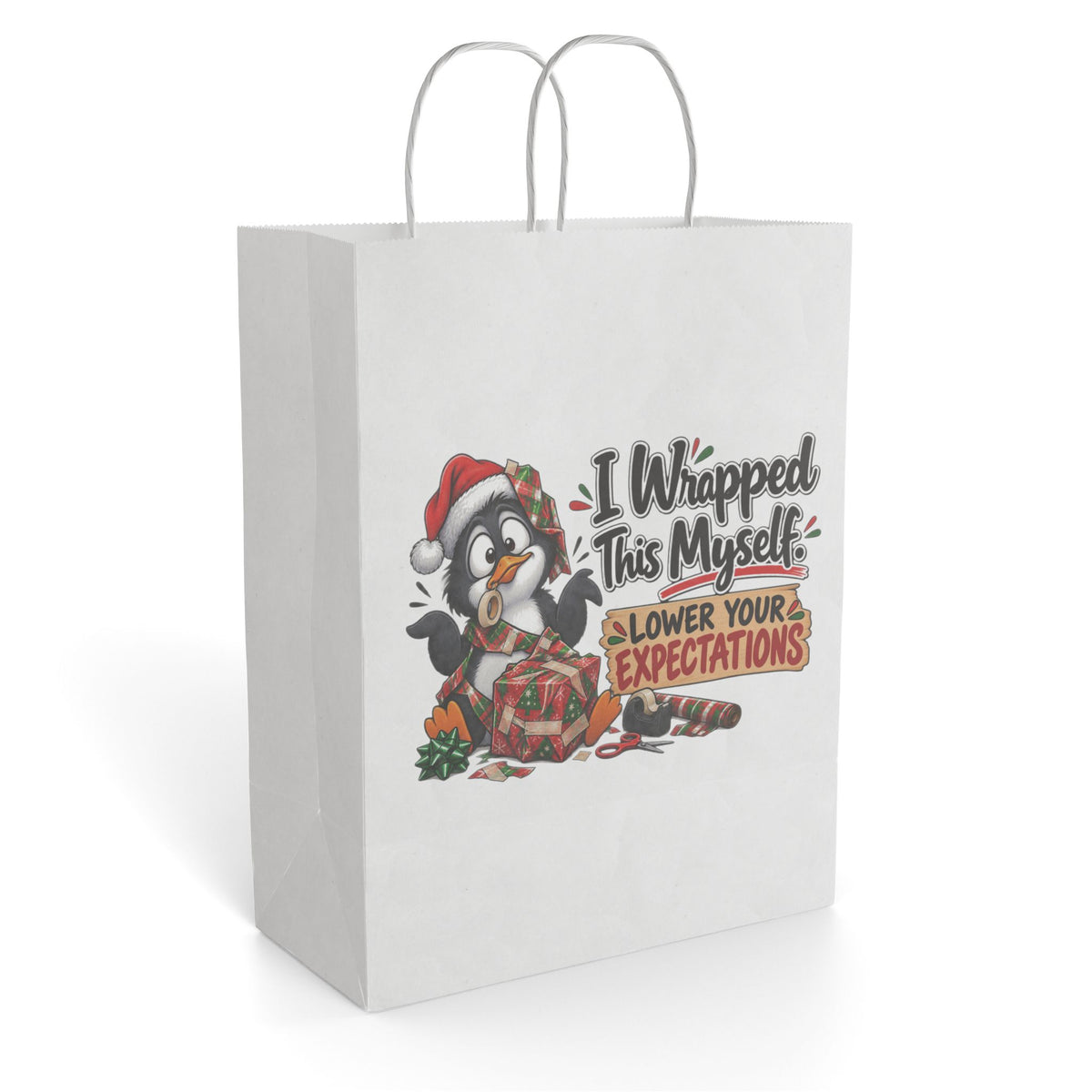 "I Wrapped This Myself, Lower Your Expectations" Gift Bag — 10'' x 13", White, Paper | The ClawMark Store