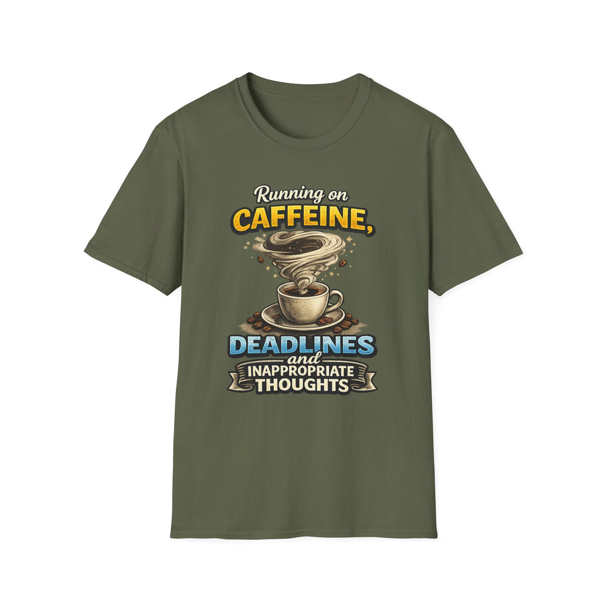 Running on Caffeine — Coffee T-Shirt — S, Military Green | The ClawMark Store