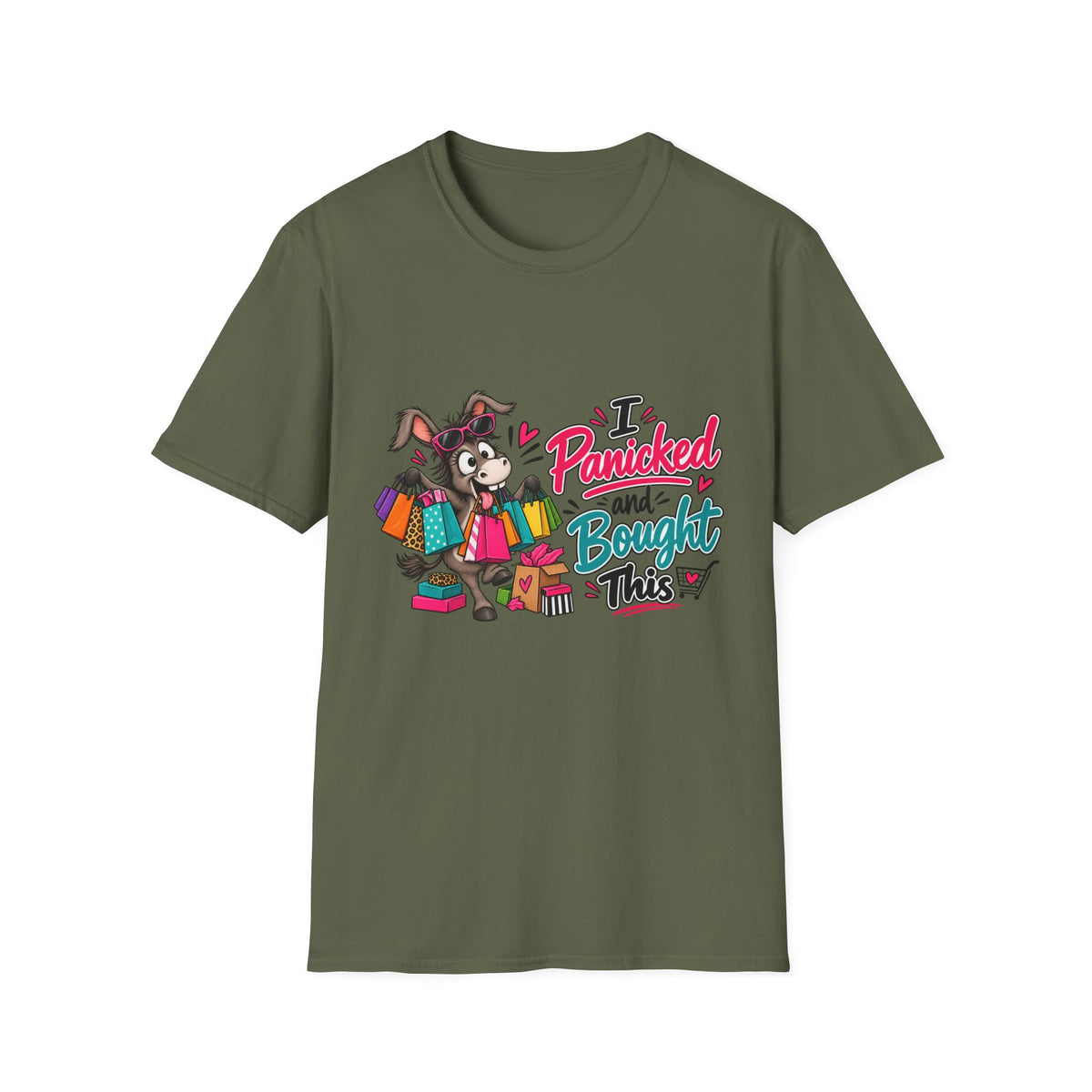 I Panicked and Bought This T-Shirt — Funny Shopping Spree Graphic Tee — S, Military Green | The ClawMark Store