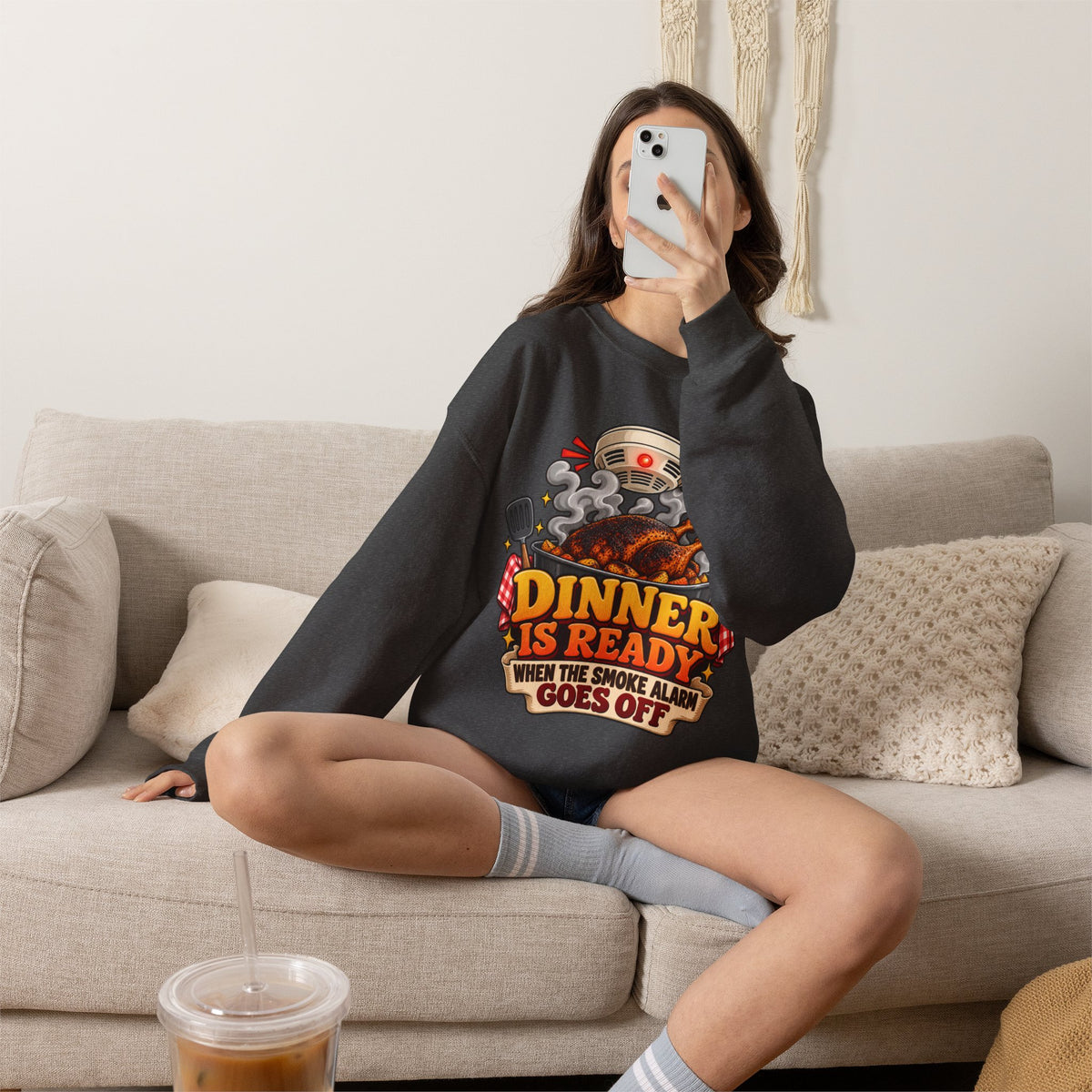 Crewneck Sweatshirt - "Dinner Is Ready When The Smoke Alarm Goes Off" Funny Chef Cooking Pullover