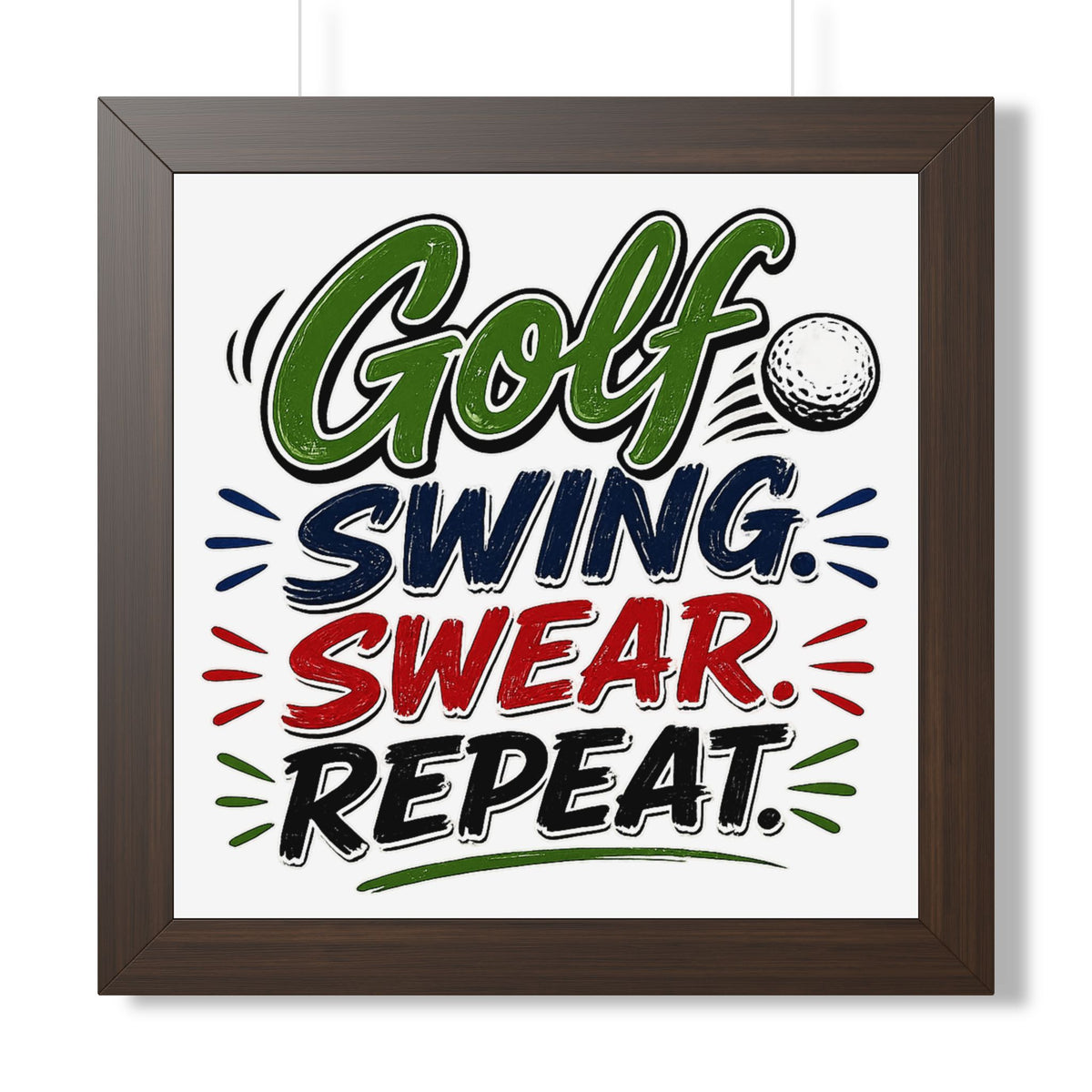 Golf Swing, Swear, Repeat Framed Poster — Walnut, 16″ x 16″ | The ClawMark Store