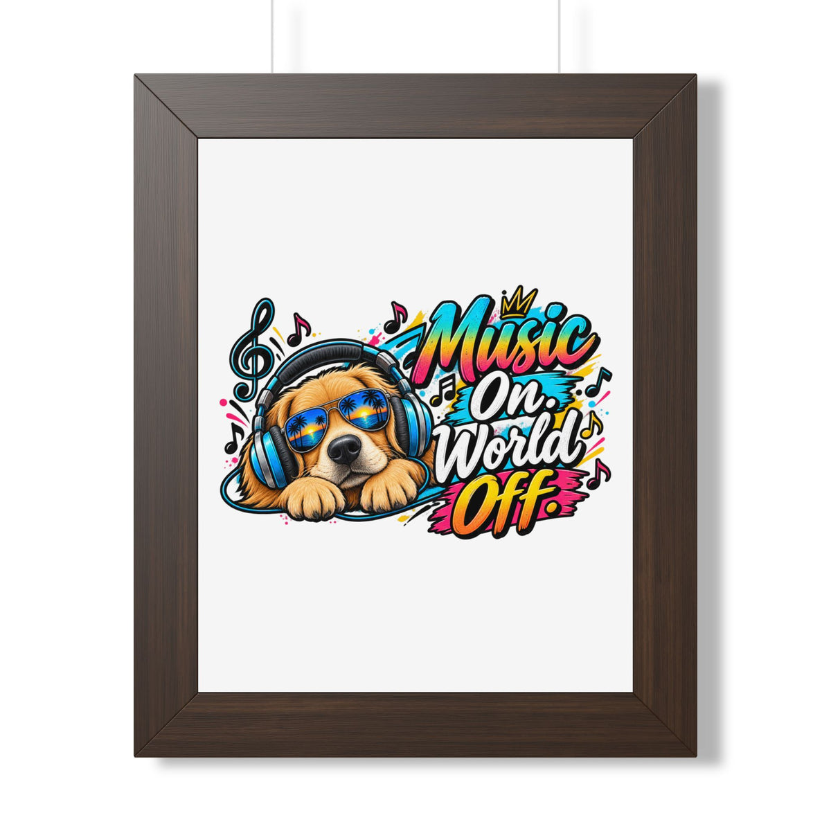 Music On, World Off Framed Poster — Dog with Headphones Wall Art — Walnut, 11" x 14" | The ClawMark Store
