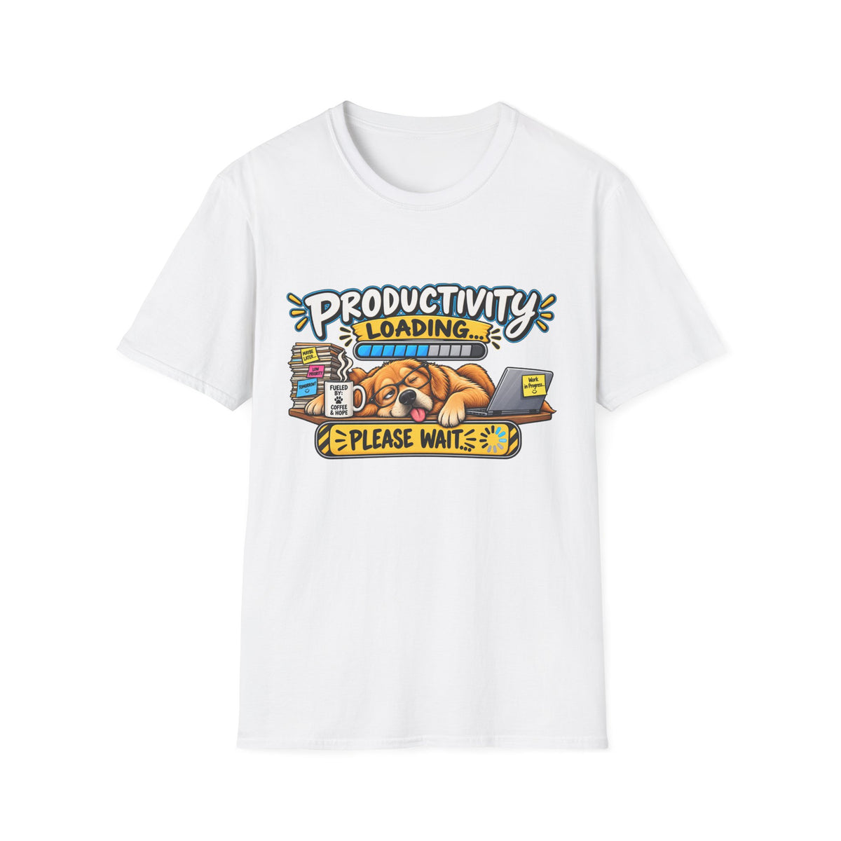 Productivity Loading T-Shirt — Cute Sleepy Dog Graphic Tee — S, White | The ClawMark Store