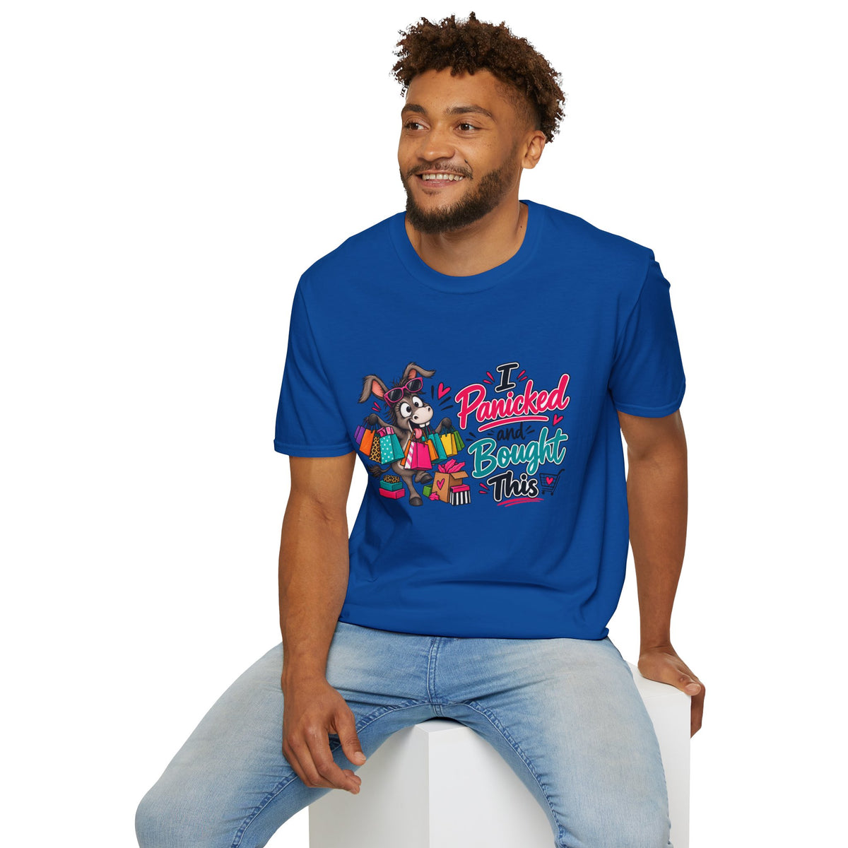 I Panicked and Bought This T-Shirt — Funny Shopping Donkey Graphic Tee — S, Royal | The ClawMark Store