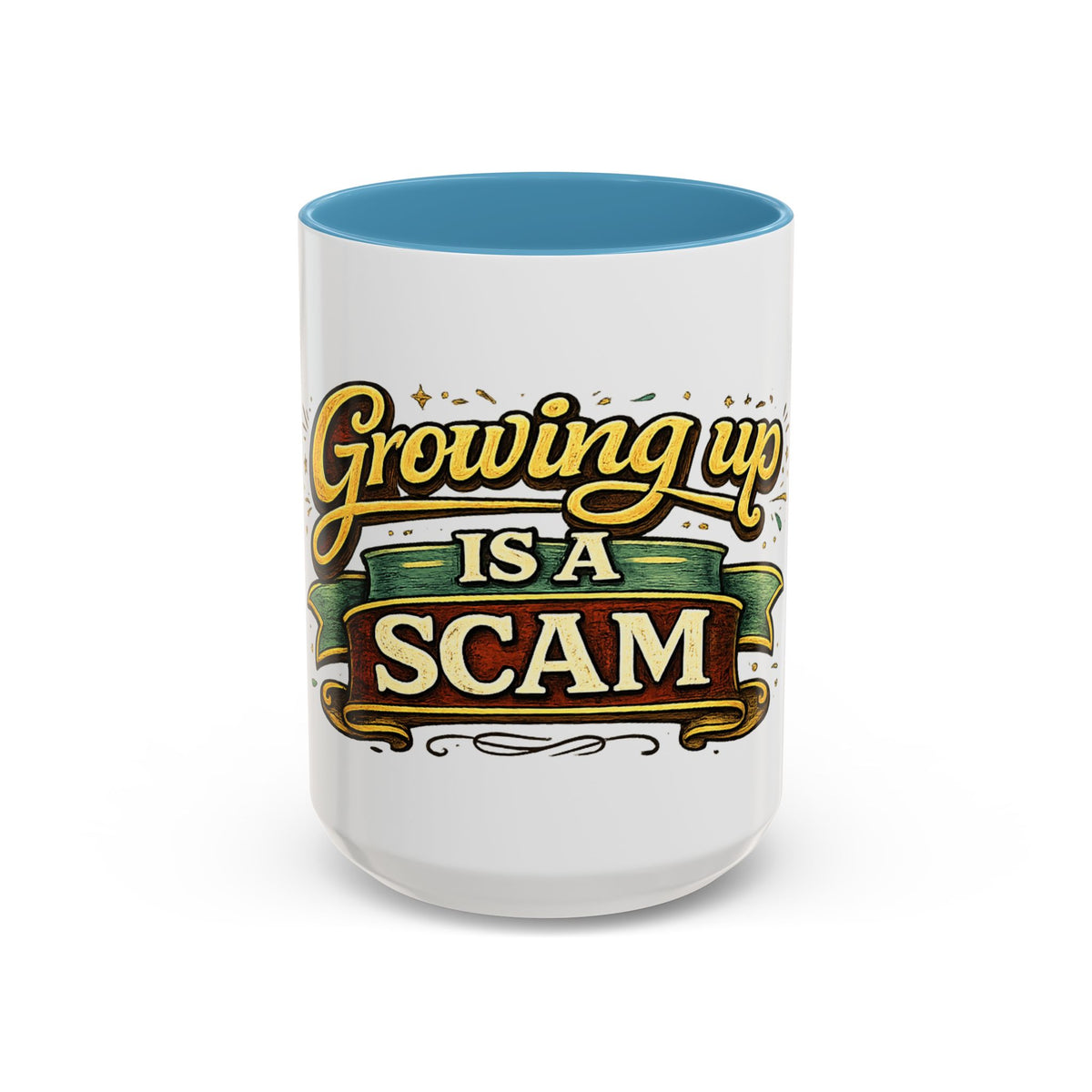 "Growing Up Is A Scam" Vintage-Style Coffee Mug — 15oz, Light Blue | The ClawMark Store
