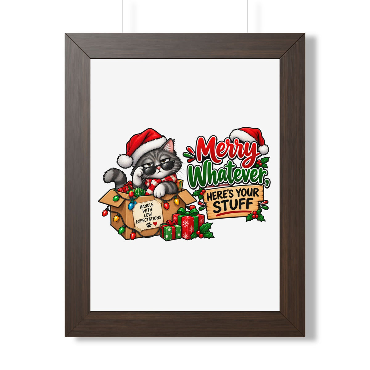 Merry Whatever Cat Christmas Poster — "Here's Your Stuff" Framed Print — Walnut, 12″ x 16″ | The ClawMark Store