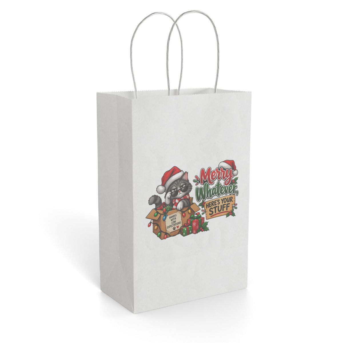 "Merry Whatever, Here’s Your Stuff" Gift Bag — 5.5'' x 8.375", White, Paper | The ClawMark Store