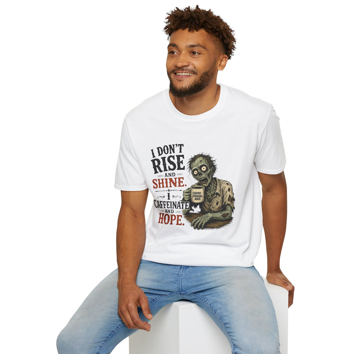 "I Don't Rise and Shine, I Caffeinate and Hope" Zombie T-Shirt — White, S | The ClawMark Store