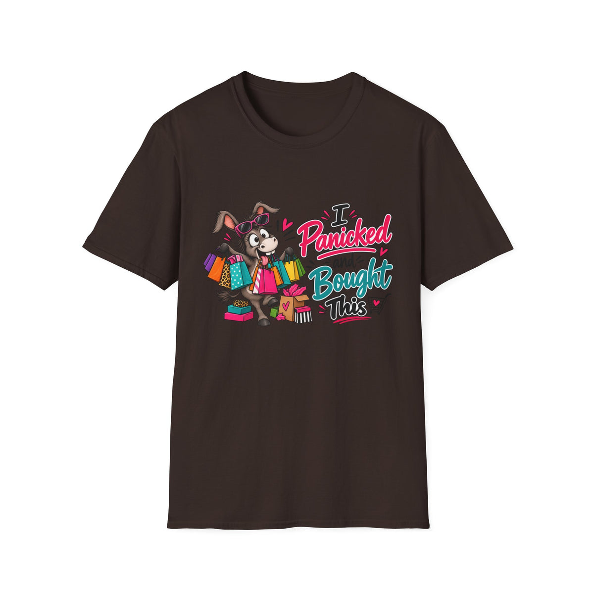 I Panicked and Bought This T-Shirt — Funny Shopping Donkey Graphic Tee — M, Dark Chocolate | The ClawMark Store