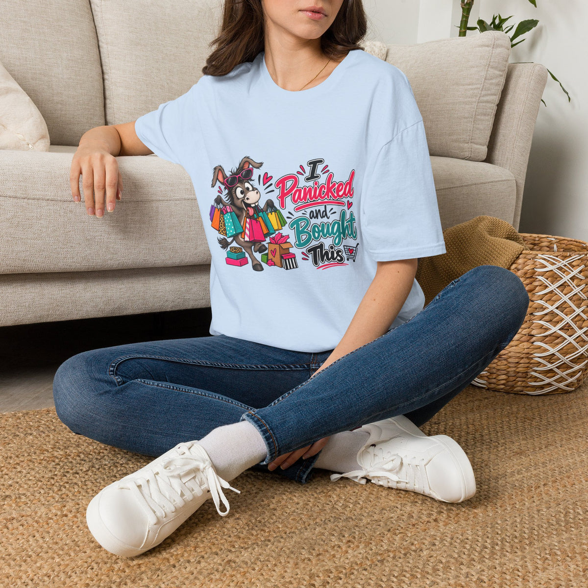 I Panicked and Bought This T-Shirt — Funny Shopping Spree Graphic Tee — S, Light Blue | The ClawMark Store