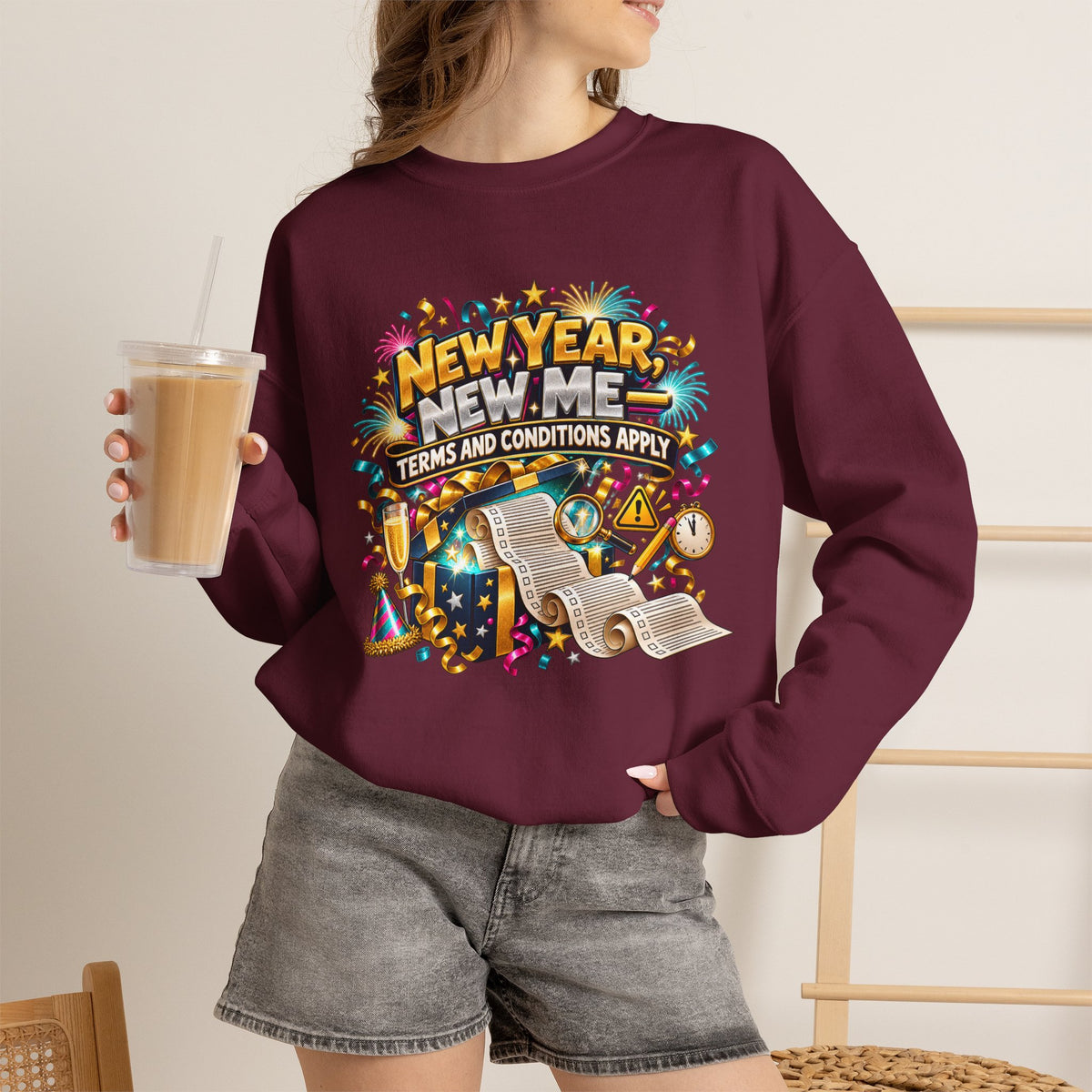 New Year New Me Crewneck Sweatshirt — Funny “Terms and Conditions Apply” Graphic