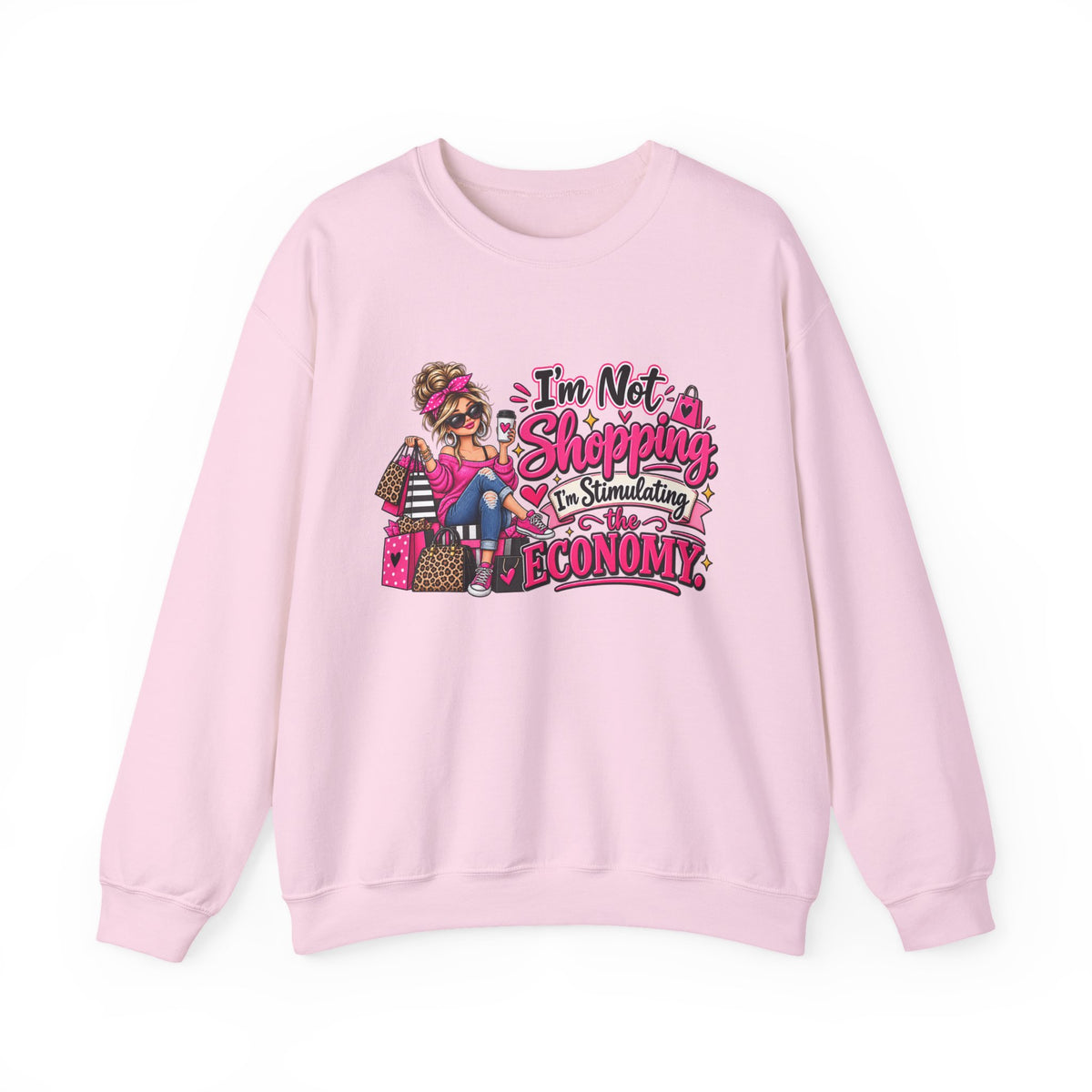 "I'm Not Shopping, I'm Stimulating the Economy" Sweatshirt — S, Light Pink | The ClawMark Store