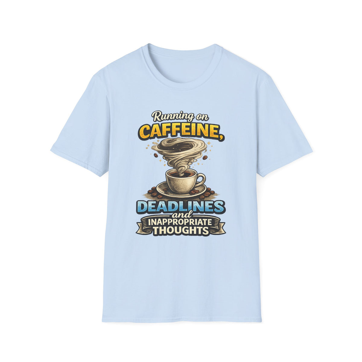 Running on Caffeine — Coffee T-Shirt — S, Light Blue | The ClawMark Store