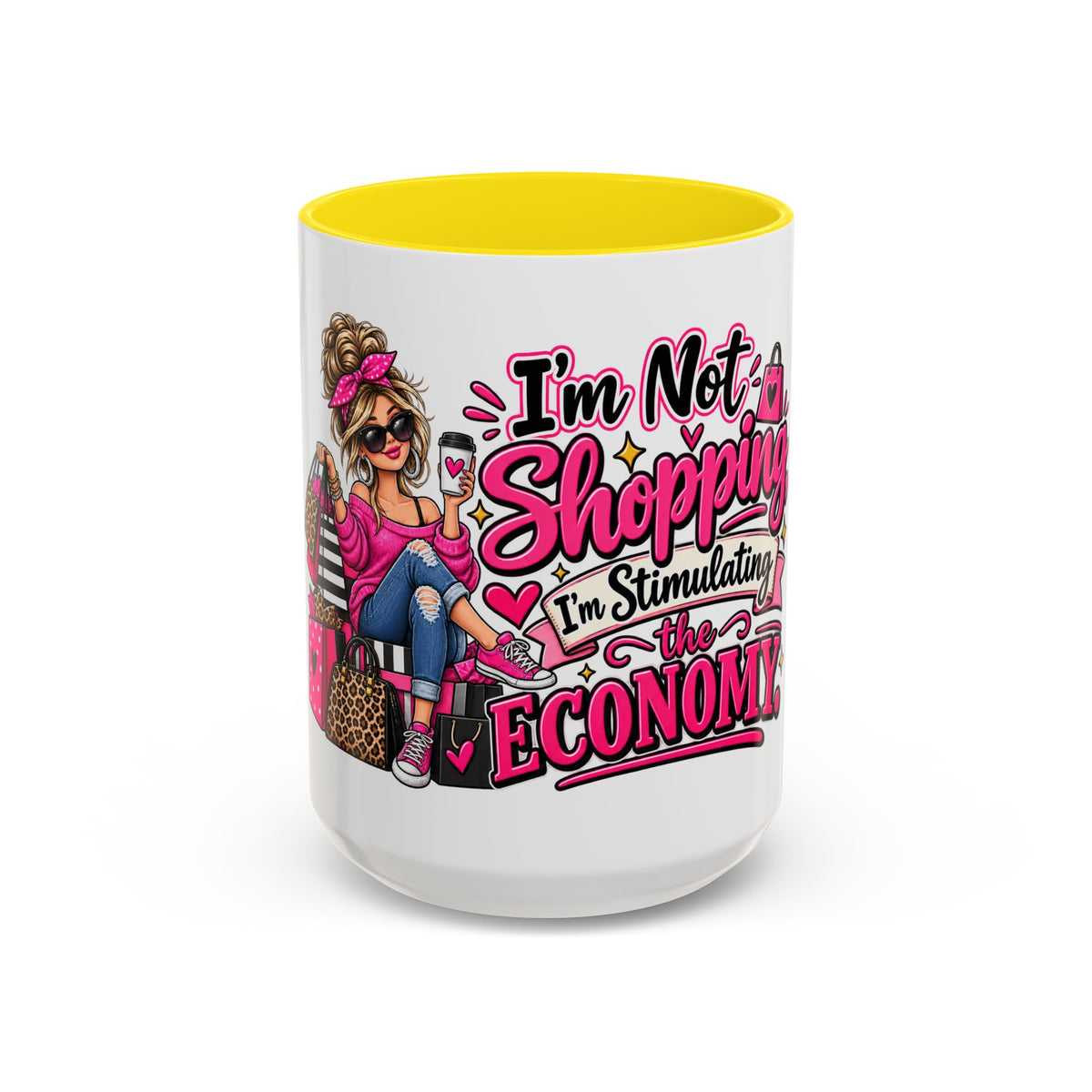 "I'm Not Shopping, I'm Stimulating the Economy" Mug (11oz, 15oz) — Yellow, 15oz | The ClawMark Store
