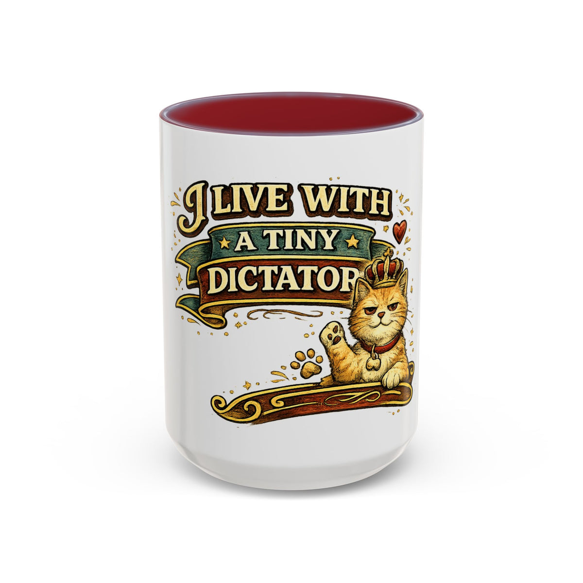 "I Live With A Tiny Dictator" Cat Mug (11oz, 15oz) — Maroon, 15oz | The ClawMark Store
