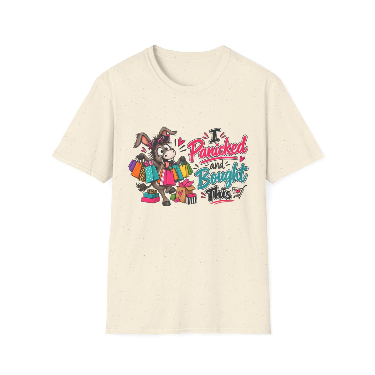 I Panicked and Bought This T-Shirt — Funny Shopping Donkey Graphic Tee — S, Natural | The ClawMark Store