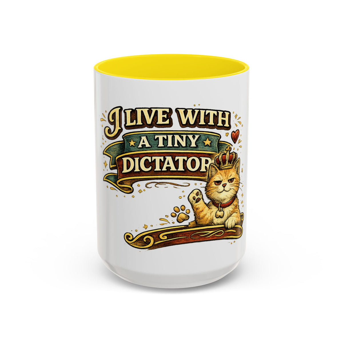 "I Live With A Tiny Dictator" Cat Mug (11oz, 15oz) — Yellow, 15oz | The ClawMark Store