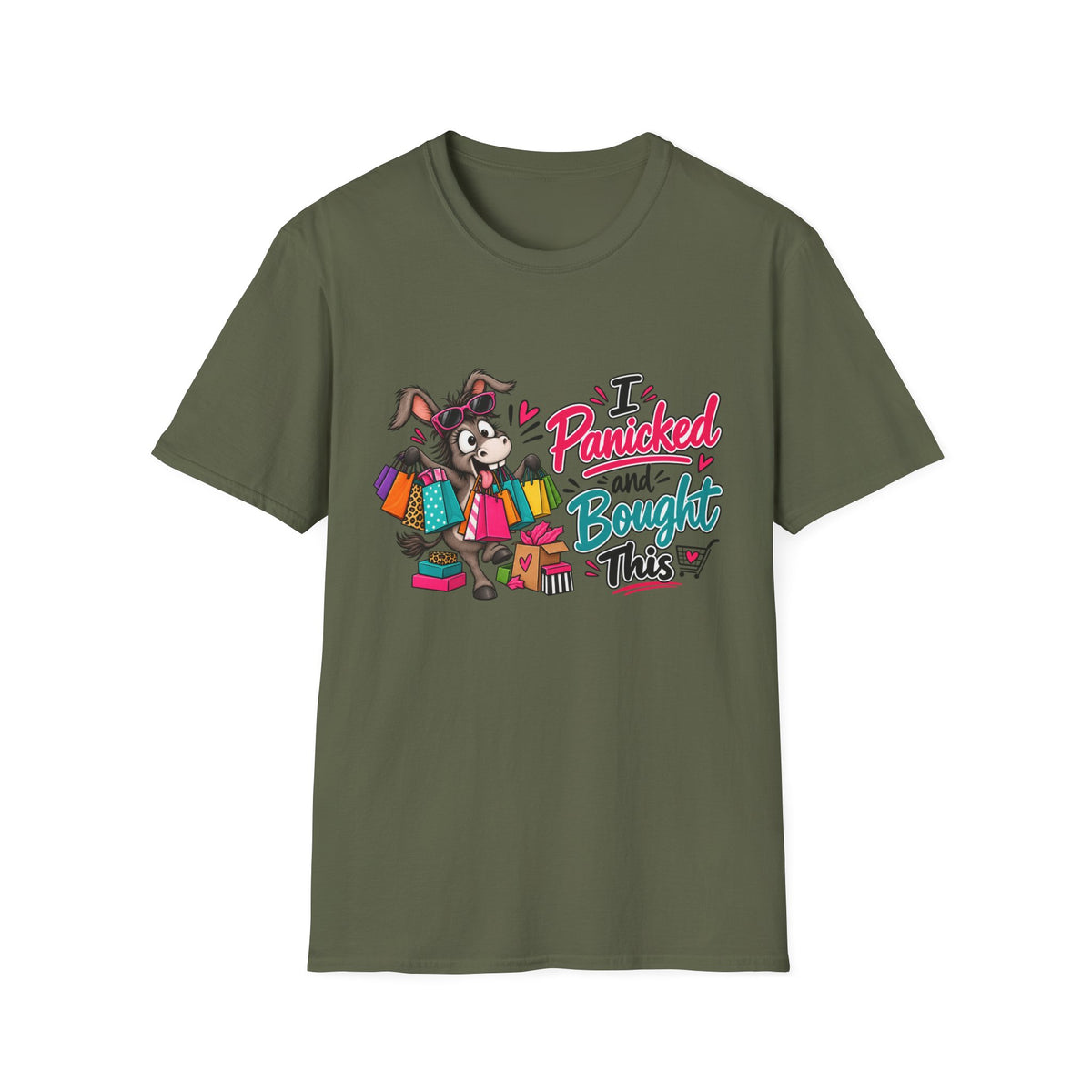 I Panicked and Bought This T-Shirt — Funny Shopping Donkey Graphic Tee — S, Military Green | The ClawMark Store