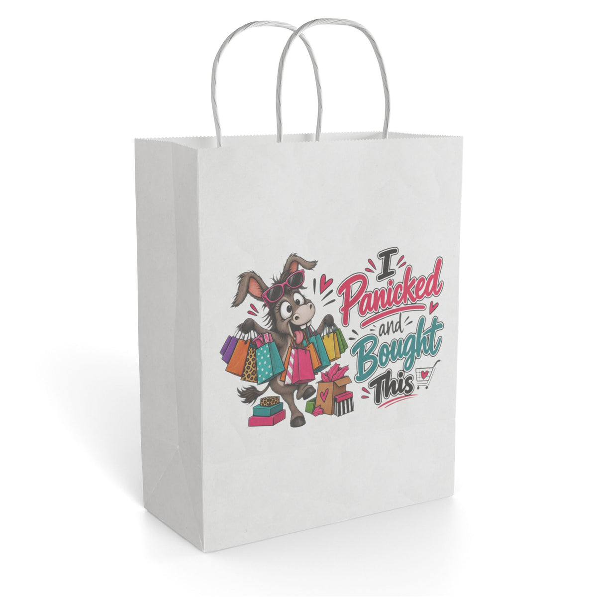 "I Panicked and Bought This" Paper Gift Bag — 8'' x 10.25", White, Paper | The ClawMark Store