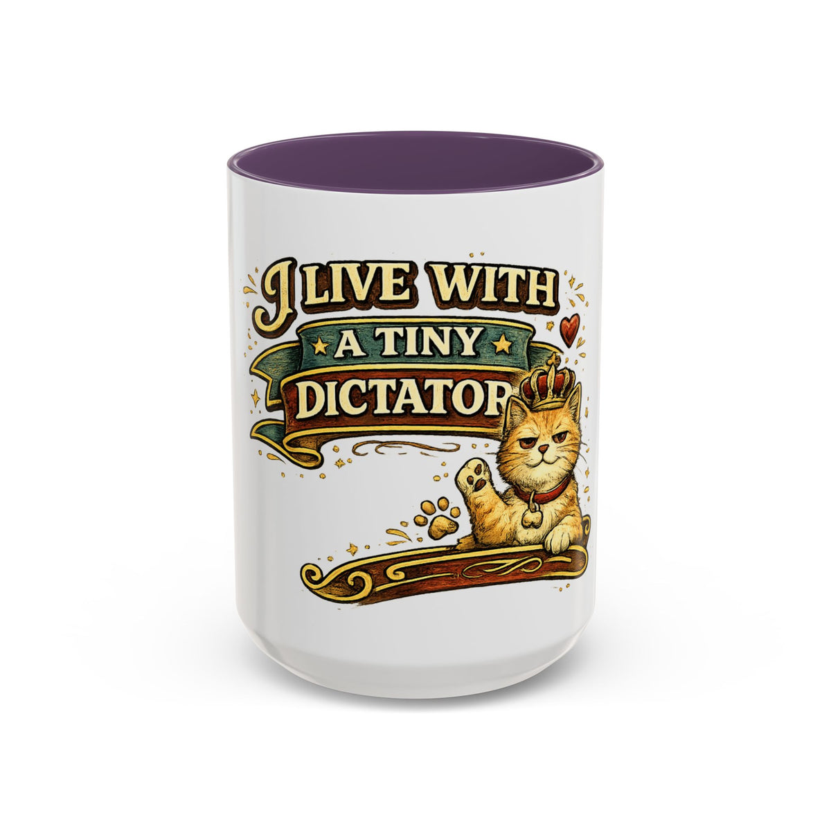 "I Live With A Tiny Dictator" Cat Mug (11oz, 15oz) — Purple, 15oz | The ClawMark Store