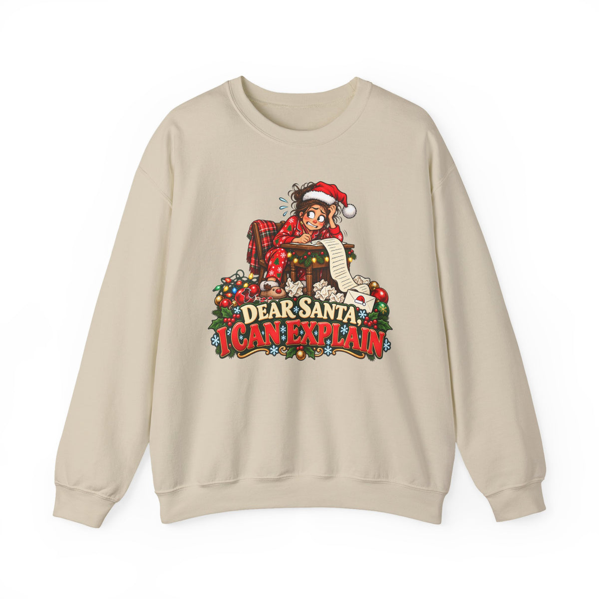 Holiday Sweatshirt - "Dear Santa, I Can Explain" Plaid Elf Christmas Crewneck - Woman
