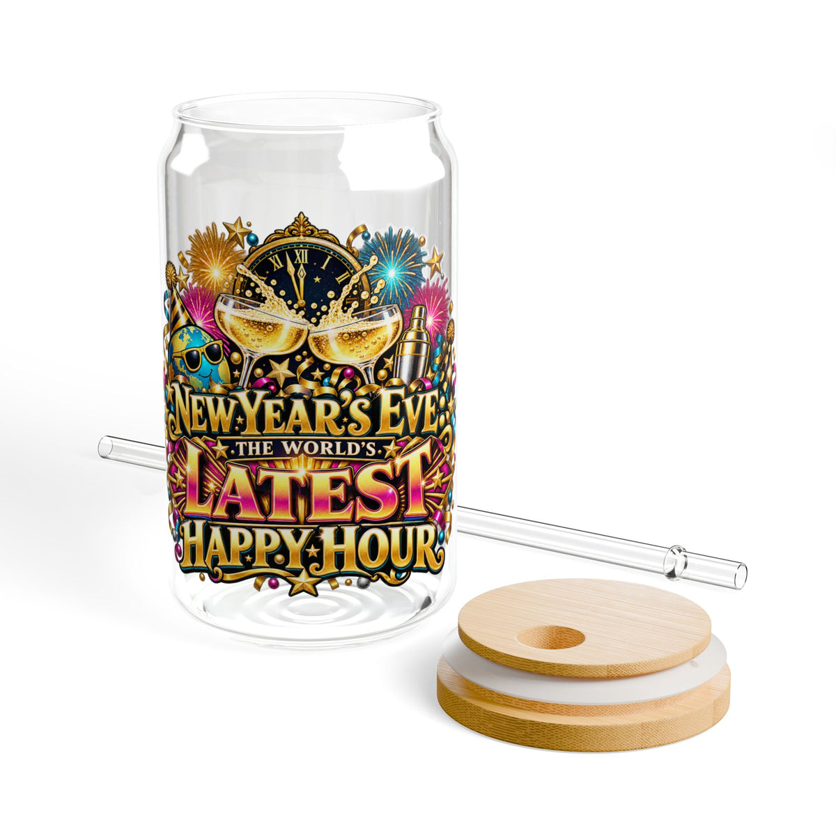 New Year's Eve 16oz Sipper Glass — "Latest Happy Hour" Party Tumbler with Straw