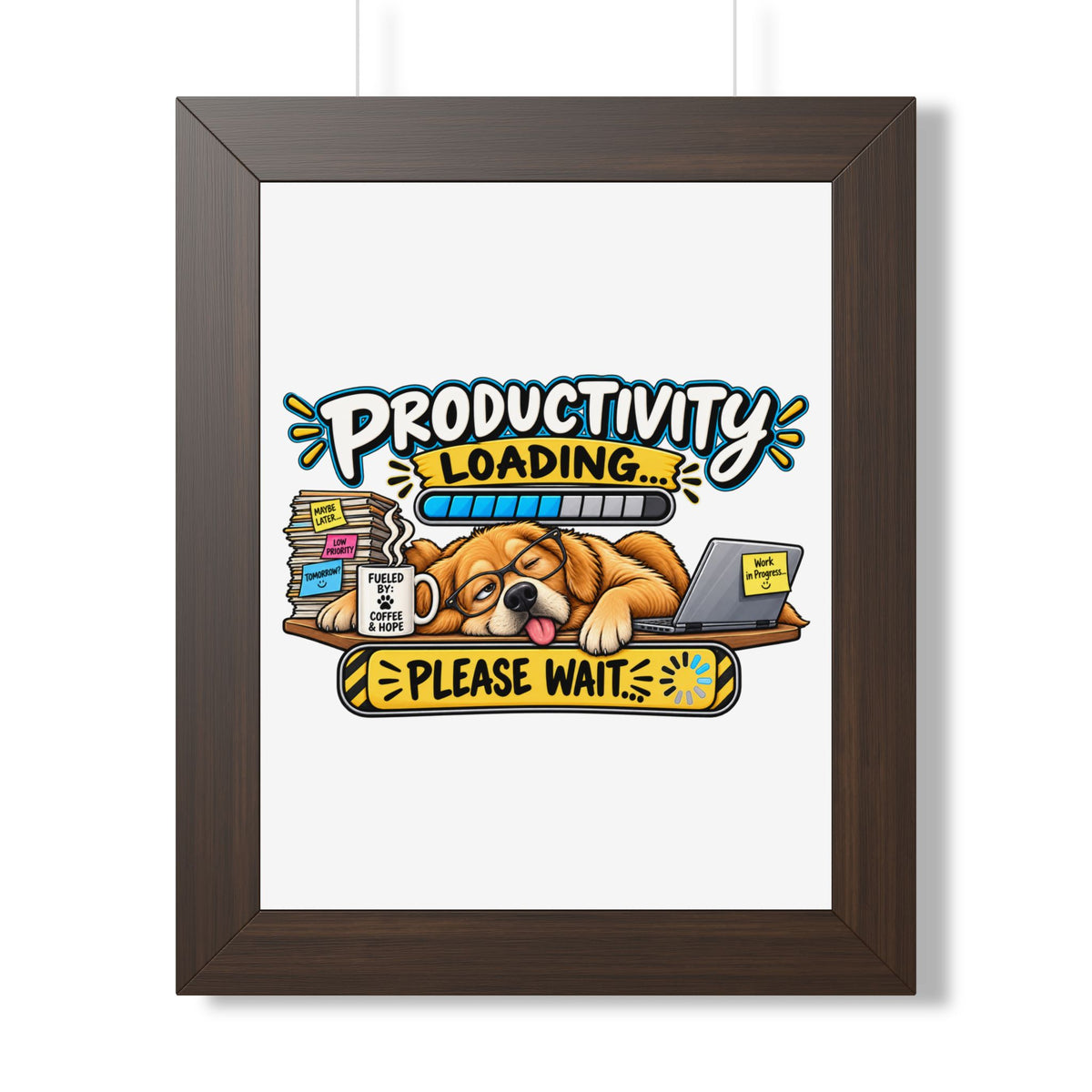"Productivity Loading... Please Wait" Framed Poster — Walnut, 11" x 14" | The ClawMark Store